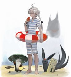 Rule 34 | &gt;:(, 1boy, ahoge, alphinaud leveilleur, alternate costume, barefoot, beach, braid, carbuncle (final fantasy), earrings, elezen, elf, final fantasy, final fantasy xiv, food, from side, frown, fruit, full body, grey hair, hair ribbon, holding, holding food, holding fruit, innertube, jewelry, long hair, looking afar, male focus, one-piece swimsuit, otter, outdoors, pointy ears, ponytail, ribbon, sand castle, sand sculpture, single braid, solo, standing, striped clothes, striped one-piece swimsuit, swim ring, swimsuit, tomatika, v-shaped eyebrows, watermelon, watermelon slice