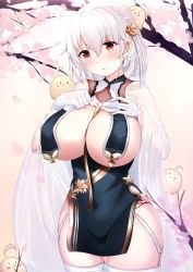 Rule 34 | 1girl, absurdres, azur lane, bird, blush, braid, breast curtains, breasts, cherry blossoms, chick, commentary request, covered navel, cowboy shot, crown braid, flower, garter straps, gloves, hair between eyes, hair flower, hair ornament, highres, large breasts, manjuu (azur lane), petals, red eyes, revealing clothes, rinringyo, see-through, see-through sleeves, shiny skin, short hair, sirius (azur lane), sirius (azure horizons) (azur lane), skindentation, standing, thighhighs, tree, underboob, white gloves, white hair, white thighhighs