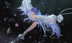 Rule 34 | 1girl, bird, blue ribbon, boots, choker, closed eyes, closed mouth, detached sleeves, fate (series), flat chest, flower, frilled sleeves, frills, hair ribbon, highleg, highleg swimsuit, knee boots, light smile, long hair, long sleeves, meltryllis, meltryllis (fate), meltryllis (swimsuit lancer) (fate), meltryllis (swimsuit lancer) (second ascension) (fate), one-piece swimsuit, penguin, purple hair, ribbon, sleeves past fingers, sleeves past wrists, solo, sunga2usagi, swimsuit, water drop