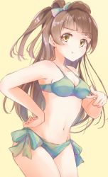 Rule 34 | angry, ass, bikini, bow, breasts, brown hair, brown pupils, cleavage, collarbone, cowboy shot, green bikini, green bow, groin, hand on own hip, leaning, leaning to the side, legs, legs together, love live!, medium breasts, minami kotori, navel, omoi seiji, pastel colors, pointing, pointing at viewer, ponytail, pout, simple background, solo, swimsuit, tareme, thighs, waist bow, yellow background, yellow eyes