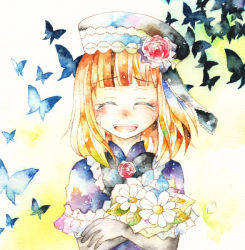 Rule 34 | 00s, bad id, bad pixiv id, blonde hair, bug, butterfly, daisy, dress, eva beatrice, closed eyes, flower, hat, insect, rose, smile, solo, tears, umineko no naku koro ni