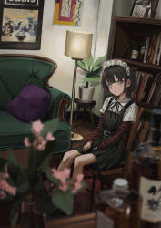 Rule 34 | 1girl, absurdres, alcohol, black dress, black hair, black ribbon, blurry, blurry foreground, book, bookshelf, bottle, chair, closed mouth, couch, depth of field, dress, flower, gishiki (gshk), head tilt, highres, indoors, lamp, layered sleeves, long sleeves, maid, maid headdress, medium hair, neck ribbon, on chair, original, photo (object), pillow, pinafore dress, plant, potted plant, ribbon, shirt, short over long sleeves, short sleeves, sitting, sleeveless, sleeveless dress, solo, white shirt, yellow eyes