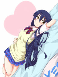 Rule 34 | 10s, 1girl, arm behind head, blue hair, blush, bow, bowtie, brown eyes, chata maru (irori sabou), dutch angle, frown, hair between eyes, hand on own stomach, heart, long hair, love live!, love live! school idol project, lying, on back, plaid, plaid skirt, school uniform, short sleeves, skirt, solo, sonoda umi, sweater vest, very long hair, yes-no pillow