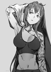 Rule 34 | 1girl, arm at side, arm up, artist name, breasts, cleavage, clothes lift, fate/grand order, fate (series), greyscale, groin, hair intakes, highres, hu tu, large breasts, long hair, long sleeves, looking at viewer, midriff, monochrome, navel, parted lips, scathach (fate), shirt, shirt lift, solo, sports bra, upper body, watermark