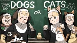 Rule 34 | 4girls, :&lt;, :3, :d, ^ ^, animal collar, animal ears, animal nose, bernese mountain dog, bird, blonde hair, bone, brown eyes, brown hair, cat, cat ears, chalkboard, chicken, closed eyes, clumsy nun (diva), collar, commentary, diva (hyxpk), dog, dog ears, drooling, duck, duckling, english commentary, fake animal ears, fake nose, fake whiskers, flower, food, food on face, froggy nun (diva), glasses, glasses nun (diva), habit, hair flower, hair ornament, hedgehog, highres, little nuns (diva), multiple girls, nun, open mouth, pointing, pointing at self, round eyewear, shadow, smile, spicy nun (diva), spiked collar, spikes, tongue, tongue out, traditional nun, u u, yellow eyes
