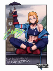 Rule 34 | 1girl, abs, blue jacket, cammy white, character name, cloud, cloudy sky, crop top, elizabeth tower, fingerless gloves, forced perspective, gloves, graffiti, hershuar, indian style, jacket, looking at viewer, muscular, muscular female, short hair, sitting, sky, solo, street fighter, street fighter 6, tower, umbrella