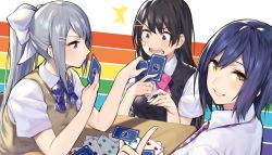 Rule 34 | 3girls, blue eyes, blue hair, blush, bow, card, closed mouth, copyright request, hair ornament, hairclip, higuchi kaede, higuchi kaede (3rd costume), holding, holding card, long hair, multiple girls, nijisanji, noy, open mouth, parted lips, pink bow, playing card, playing games, ponytail, purple eyes, rainbow, shizuka rin, short hair, silver hair, surprised, sweat, sweatdrop, table, tsukino mito, tsukino mito (3rd costume), virtual youtuber, white bow, yellow eyes
