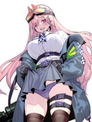 Rule 34 | 1girl, :3, absurdres, black gloves, breasts, bursting breasts, cameltoe, checkered necktie, clothes lift, coat, collared shirt, commentary request, cowboy shot, fang, girls&#039; frontline, gloves, goggles, goggles on head, gun, hair ornament, hairclip, highres, kanjy00u, large breasts, lifted by self, long hair, mole, mole under eye, neck tattoo, necktie, official art, panties, pink eyes, pink hair, purple panties, rifle, shirt, sig mcx, sig mcx (girls&#039; frontline), simple background, skirt, skirt lift, smile, solo, tattoo, thigh strap, thighhighs, thighs, underwear, very long hair, weapon, white background, white shirt