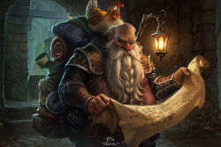 Rule 34 | 1boy, artist name, backpack, bag, bald, barrel, beard, bird, blondynkitezgraja, bowl, braid, braided beard, chicken, commentary, cross-laced slit, cup, discord username, dungeons &amp; dragons, dwarf, english commentary, facial hair, fantasy, fingernails, highres, holding, holding map, lamp, long beard, map, rooster, signature, solo, standing, twitter username, white hair, wrinkled skin, wrist guards