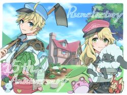 Rule 34 | 1boy, 1girl, alice (rune factory), animal, anniversary, apo 518, ares (rune factory), armband, armor, blonde hair, blue eyes, blue headwear, blue necktie, blue sky, blush, border, cabbage, cantaloupe, chestnut, closed mouth, cloud, collared shirt, copyright name, crops, day, farm, food, frog, fruit, green eyes, hat, highres, hoe, holding, holding animal, holding hoe, house, long hair, long sleeves, looking at viewer, melon, necktie, outdoors, peaked cap, red headwear, rock, rune factory, rune factory 5, sheep, shirt, short hair, shoulder armor, sky, smile, squirrel, standing, tree, turnip, watering can, white border, white shirt