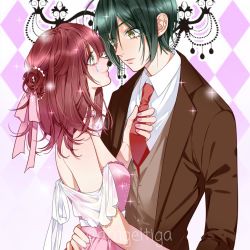 Rule 34 | 1boy, 1girl, alternate costume, bare shoulders, black hair, brown eyes, brown jacket, choker, commentary, commission, couple, danganronpa (series), danganronpa v3: killing harmony, dress, eye contact, flower, from side, green eyes, hair flower, hair ornament, hair ribbon, jacket, jewelry, long sleeves, looking at another, nail polish, necktie, necktie grab, neckwear grab, open clothes, open jacket, original, pink dress, pink nails, pink ribbon, red flower, red neckwear, ribbon, saihara shuichi, saihara witty (wittyhu), second-party source, shirt, short hair, smile, sparkle, tears, upper body, vest, white shirt, wittyhu (amgeltiga)