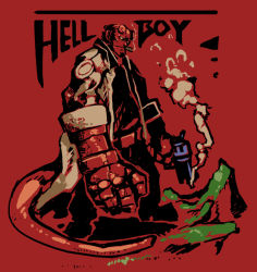 Rule 34 | 1boy, cigar, coat, demon, demon boy, gun, hellboy, hellboy (comic), male focus, red theme, shigehiro (hiroi heya), solo, trench coat, weapon