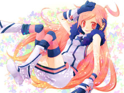 Rule 34 | 1girl, ahoge, belt, boots, bug, butterfly, dress, gloves, headphones, headset, insect, kneehighs, long hair, mei (loopin), multicolored clothes, multicolored legwear, musical note, red eyes, red hair, sf-a2 miki, smile, socks, solo, star (symbol), striped clothes, striped gloves, striped socks, thighhighs, very long hair, vocaloid, wrist cuffs