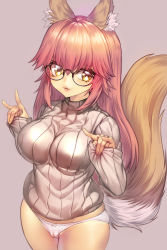 Rule 34 | 10s, 1girl, \m/, alternate hairstyle, animal ears, bespectacled, black-framed eyewear, bow, bow panties, breasts, cameltoe, cowboy shot, eyelashes, fate/extella, fate/extra, fate (series), fox ears, fox shadow puppet, fox tail, glasses, grey sweater, hair between eyes, hair down, hand gesture, large breasts, legs together, long hair, long sleeves, looking at viewer, medium breasts, panties, pink hair, ribbed sweater, shiny clothes, simple background, skindentation, sleeves past wrists, smile, solo, sweater, tail, tamamo (fate), tamamo no mae (fate/extra), tangamja, underwear, white bow, white panties, yellow eyes