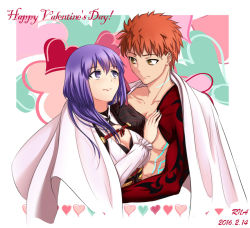 Rule 34 | 10s, 1boy, 1girl, 2016, abs, artist name, breasts, cape, cleavage, dated, emiya shirou, fate/grand order, fate/stay night, fate (series), happy valentine, heart, heart background, igote, matou sakura (imaginary around), limited/zero over, looking at another, matou sakura, medium breasts, orange hair, purple eyes, purple hair, rna (angel-smelter), topless male, short hair, smile, tattoo, yellow eyes