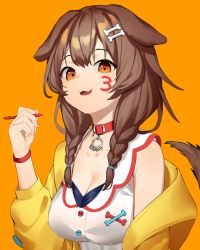 Rule 34 | 1girl, :3, animal ears, bone hair ornament, braid, breasts, brown eyes, brown hair, cine (wazd0183), cleavage, collar, dog ears, dog girl, dog tail, facepaint, fangs, hair ornament, highres, holding, holding pen, hololive, inugami korone, inugami korone (1st costume), jacket, long hair, long sleeves, looking at viewer, medium breasts, open clothes, open jacket, orange background, pen, red collar, shirt, simple background, solo, tail, tail raised, twin braids, upper body, virtual youtuber, white shirt, yellow jacket