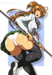 Rule 34 | 1girl, ass, breasts, brown eyes, brown hair, cameltoe, from behind, half updo, highres, highschool of the dead, huge ass, large breasts, long hair, looking back, m.i.y, miyamoto rei, open mouth, panties, pantyshot, school uniform, shiny clothes, shiny skin, shoes, sideboob, skirt, sneakers, solo, staff, thick thighs, thighhighs, thighs, underwear, upskirt