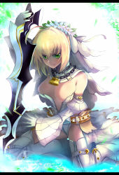 Rule 34 | 10s, 1girl, ahoge, arm strap, backlighting, belt, blonde hair, blush, bodysuit, breasts, bridal veil, buckle, center opening, chain, cleavage, detached collar, detached sleeves, fate/extra, fate/extra ccc, fate/grand order, fate (series), flower, from side, gloves, glowing, green eyes, grin, hair between eyes, hair intakes, half-closed eyes, holding, holding sword, holding weapon, jewelry, kneeling, leaf, legs apart, leotard, letterboxed, lock, looking at viewer, naughty face, necklace, nero claudius (bride) (fate), nero claudius (bride) (second ascension) (fate), nero claudius (fate), nero claudius (fate) (all), no bra, padlock, planted, planted sword, planted weapon, puffy detached sleeves, puffy sleeves, short hair, showgirl skirt, skirt, smile, solo, strapless, strapless leotard, sword, thigh strap, thighhighs, unzipped, veil, weapon, white gloves, white thighhighs, wide sleeves, wreath, yude, zipper