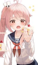 Rule 34 | + +, 1girl, absurdres, ahoge, biohazard symbol, black skirt, blue archive, blue sailor collar, blush, breasts, cake, cake slice, collarbone, commentary, cowboy shot, food, fruit, halo, hand up, highres, holding, holding food, kurone (kurone ryuo), long hair, long sleeves, looking at viewer, natsu (blue archive), neckerchief, open mouth, pink hair, pleated skirt, red eyes, red neckerchief, sailor collar, shirt, side ponytail, simple background, skirt, small breasts, solo, sparkle, strawberry, tiered tray, white background, white shirt