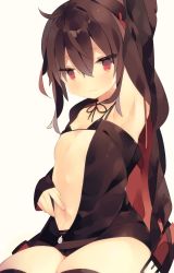 Rule 34 | 1girl, arm up, armpits, bikini, bikini under clothes, black dress, black jacket, black ribbon, black thighhighs, brown background, brown hair, closed mouth, collarbone, dress, flat chest, hair between eyes, highres, jacket, long hair, long sleeves, looking at viewer, mimo lm, navel, neck ribbon, open clothes, open jacket, original, red eyes, ribbon, simple background, sitting, sleeveless, sleeveless dress, sleeves past wrists, solo, spread navel, swimsuit, thighhighs