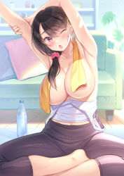 Rule 34 | 1girl, :o, armpits, arms up, black hair, black pants, blush, bottle, breasts, brown eyes, cleavage, couch, cushion, hair ornament, hair scrunchie, highres, himamo, indian style, indoors, large breasts, medium hair, midriff peek, navel, one eye closed, open mouth, original, pants, plant, potted plant, rug, scrunchie, shelf, side ponytail, sitting, solo, stretching, tank top, towel, towel around breasts, towel over breasts, water bottle, white tank top, wooden floor, yoga pants