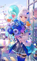 Rule 34 | 1girl, armband, blue hair, blunt bangs, bouquet, building, colored inner hair, day, flower, fuzichoco, hair ornament, highres, lize helesta, lize helesta (1st costume), long hair, looking at viewer, multicolored hair, nijisanji, official art, open mouth, purple eyes, silver hair, solo, thighhighs, two-tone hair, virtual youtuber