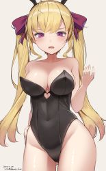 Rule 34 | 1girl, ahoge, animal ears, bare arms, bare shoulders, black hairband, black leotard, blonde hair, blush, bow, breasts, cleavage, clothing cutout, collarbone, commentary request, covered navel, cowboy shot, dated, fake animal ears, gluteal fold, grey background, groin, hair bow, hairband, hand on own hip, hand up, heart cutout, highres, hirota fruit, large breasts, leotard, long hair, looking at viewer, nijisanji, parted lips, playboy bunny, purple bow, purple eyes, rabbit ears, simple background, solo, standing, strapless, strapless leotard, takamiya rion, twintails, twitter username, very long hair, virtual youtuber