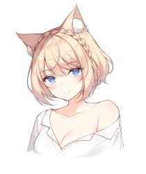 Rule 34 | 1girl, animal ear fluff, animal ears, ayuanlv, bare shoulders, blonde hair, blue eyes, braid, breasts, cat ears, cleavage, collarbone, collared shirt, cropped torso, french braid, looking at viewer, medium breasts, mole, mole under eye, off shoulder, original, profile, shirt, short hair, simple background, smile, solo, white background, white shirt
