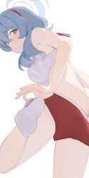 Rule 34 | 1girl, ako (blue archive), ass, blue archive, blue eyes, blue hair, blue halo, bra, breasts, buruma, butt crack, commentary, from behind, hairband, halo, highres, hiroki (yyqw7151), large breasts, looking at viewer, panties, panties under buruma, red buruma, red hairband, simple background, socks, solo, standing, standing on one leg, underwear, white background, white bra, white panties, white socks