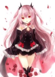 Rule 34 | 10s, 1girl, absurdres, bad id, bad pixiv id, bare shoulders, black dress, black legwear, boots, bow, coyucom, detached sleeves, dress, flower, highres, knee boots, krul tepes, long hair, looking at viewer, owari no seraph, petals, pink hair, pointy ears, red eyes, ribbon, rose, smile, solo, two side up, vampire, very long hair