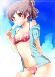 1girl bad_id bad_pixiv_id bikini brown_eyes brown_hair day female_focus food mina_m mochizuki_mina original pink_bikini ponytail popsicle solo swimsuit