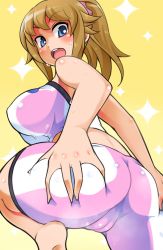 Rule 34 | 10s, 1girl, :d, ass, ass grab, barefoot, bike shorts, blue eyes, breasts, brown hair, cameltoe, deep skin, from behind, fukurou (owl222), grabbing own ass, gundam, gundam build fighters, gundam build fighters try, hoshino fumina, large breasts, looking back, midriff, open mouth, ponytail, scrunchie, smile, solo, sports bra, sweat, two-tone sports bra, yellow background