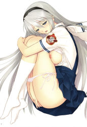 Rule 34 | 00s, 1girl, blush, breast press, breasts, breasts out, clannad, feet, female focus, female masturbation, fetal position, fingering, full body, hairband, highres, large breasts, legs, long hair, long legs, masturbation, open mouth, panties, panty pull, plantar flexion, pussy juice, sakagami tomoyo, scan, school uniform, side-tie panties, silver hair, simple background, skirt, socks, solo, thighs, tony taka, underwear, white background, white panties
