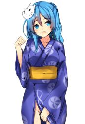 Rule 34 | 10s, 1girl, blue eyes, blue hair, blush, breasts, cowboy shot, double bun, female focus, fox mask, gin00, japanese clothes, kantai collection, kimono, large breasts, long hair, looking at viewer, mask, mask on head, matching hair/eyes, no panties, obi, open clothes, open kimono, open mouth, sash, simple background, sketch, solo, urakaze (kancolle), white background, yukata