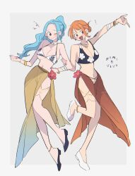 Rule 34 | !, 2girls, anklet, arm up, bare shoulders, bikini, bikini top only, black footwear, blue hair, blush, bracelet, breasts, brown eyes, character name, cleavage, closed mouth, earrings, floral print, flower, full body, gao (95 wanipani), hand on another&#039;s arm, highres, jewelry, large breasts, long hair, multiple girls, nami (one piece), navel, necklace, nefertari vivi, no panties, one eye closed, one piece, open mouth, orange eyes, orange hair, parted bangs, pointing, pointing to the side, ponytail, sarong, short hair, shoulder tattoo, single sidelock, smile, swimsuit, tattoo, white footwear
