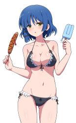 Rule 34 | 1girl, :o, absurdres, bare arms, bikini, black bikini, blue hair, blunt ends, blush, bocchi the rock!, breasts, cleavage, collarbone, commentary, corn dog, cowboy shot, eggman (pixiv28975023), food, frilled bikini, frills, highres, holding, holding food, holding popsicle, long hair, medium breasts, mole, mole under eye, navel, open mouth, popsicle, short hair, simple background, solo, standing, swimsuit, textless version, white background, yamada ryo, yellow eyes