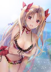 Rule 34 | 1girl, akatsuki hijiri, arm under breasts, backlighting, bikini, blonde hair, blush, breasts, choker, cleavage, commentary, commentary request, dutch angle, earrings, ereshkigal (fate), fate/grand order, fate (series), frills, gluteal fold, hair ribbon, heart, heart choker, infinity symbol, jewelry, lace, looking at viewer, medium breasts, navel, open mouth, red bikini, red eyes, red ribbon, ribbon, signature, solo, sparkle, swimsuit