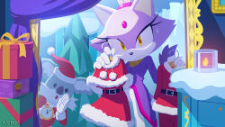 Rule 34 | 1boy, 1girl, blaze the cat, candle, christmas, christmas present, coconut crew, dress, forehead jewel, furry, furry female, gift, gloves, hat, holding stopwatch, jacket, looking at viewer, official art, open mouth, pants, purple jacket, santa costume, santa dress, santa hat, sonic (series), stopwatch, watch, watermark, white gloves, white pants