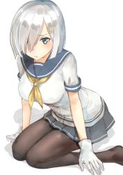 Rule 34 | 10s, 1girl, blue eyes, blue skirt, blush, breasts, gloves, hair ornament, hair over one eye, hairclip, hamakaze (kancolle), highres, kantai collection, kneeling, large breasts, looking at viewer, masukuza j, pantyhose, pleated skirt, sailor collar, school uniform, serafuku, shadow, short hair, short sleeves, simple background, skirt, solo, striped clothes, striped skirt, white background, white gloves