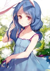 Rule 34 | 1girl, absurdres, adjusting hair, animal ears, arm up, bare arms, bare shoulders, blue dress, blue hair, blush, closed mouth, collarbone, covered erect nipples, day, dress, flat chest, hair down, hand in own hair, highres, holding, ke-ta, long hair, looking at viewer, low-tied long hair, rabbit ears, red eyes, scan, seiran (touhou), shadow, short hair, smile, solo, strap slip, sunlight, swept bangs, tareme, touhou, translated, upper body