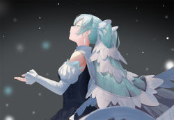 Rule 34 | 1girl, aqua hair, aqua nails, bare shoulders, black background, blue dress, cape, chinese commentary, closed eyes, commentary request, cupping hands, detached sleeves, dress, earrings, facing up, frilled sleeves, frills, from side, hair ornament, hair ribbon, hatsune miku, highres, jewelry, juliet sleeves, long hair, long sleeves, motion blur, nail polish, own hands together, parted lips, profile, puffy sleeves, ribbon, smile, snowing, solo, tress ribbon, twintails, upper body, very long hair, vocaloid, yaoku, yuki miku, yuki miku (2019)