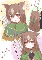 Rule 34 | 1girl, 1other, ?, alternate animal ears, animal ears, blush, braid, brown eyes, brown hair, cat ears, commentary request, ear ornament, fang, french braid, hair between eyes, highres, long hair, looking at viewer, multicolored hair, notice lines, open mouth, paw print, ridy (ri sui), satono diamond (umamusume), skin fang, sleeves past fingers, sleeves past wrists, streaked hair, trainer (umamusume), translation request, umamusume, very long sleeves, white hair