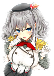 Rule 34 | 1girl, anchor, beret, black skirt, blue eyes, blush, breasts, buttons, employee uniform, epaulettes, frilled sleeves, frills, gloves, grey eyes, hat, highres, jacket, kantai collection, kashima (kancolle), kojima saya, large breasts, long hair, long sleeves, looking at viewer, military, military jacket, military uniform, miniskirt, neckerchief, open mouth, pleated skirt, red neckerchief, sidelocks, silver hair, simple background, skirt, smile, solo, tongue, twintails, uniform, wavy hair, white background, white gloves, white jacket