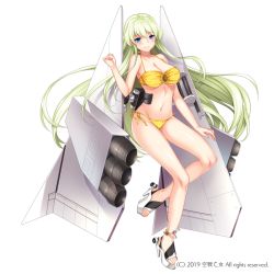 Rule 34 | 1girl, bare arms, bare legs, bare shoulders, bikini, blue eyes, blush, breasts, character request, cleavage, closed mouth, collarbone, copyright notice, flower, full body, green hair, groin, halterneck, hand up, high heels, itou nanami, kuusen otome sky valkyries, mecha musume, medium breasts, navel, official art, personification, platform footwear, simple background, smile, solo, sunflower, swimsuit, watermark, white background, white footwear, yellow bikini, yellow flower