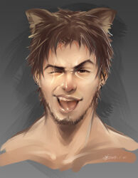 Rule 34 | 1boy, ;d, animal ears, brown hair, cat ears, dated, earrings, facial hair, greenteaa, grey background, jewelry, looking at viewer, male focus, nude, one eye closed, open mouth, original, portrait, short hair, signature, smile, solo, stubble, teeth, tongue, tongue out, upper teeth only