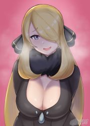Rule 34 | 1girl, alternate breast size, artsheops, black collar, blonde hair, breasts, cleavage, coat, collar, commentary request, creatures (company), cynthia (pokemon), fur collar, game freak, grey eyes, hair ornament, hair over one eye, heart, heart in eye, highres, large breasts, long hair, looking at viewer, nintendo, open mouth, pokemon, pokemon dppt, raised eyebrows, shiny skin, signature, smile, solo, steam, symbol in eye, tongue, upper body, watermark