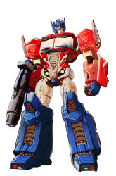 Rule 34 | 1boy, andrew griffith, autobot, blue eyes, clenched hand, gun, highres, holding, holding gun, holding weapon, looking down, mecha, no humans, optimus prime, robot, science fiction, solo, transformers, weapon, white background