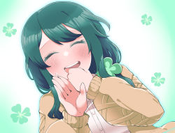 Rule 34 | 1girl, blush, brown jacket, character request, closed eyes, clover hair ornament, green hair, hair ornament, hand up, highres, jacket, long hair, long sleeves, simple background, smile, solo, sunao na kapipara, sweatdrop, upper body, virtual youtuber