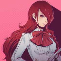 Rule 34 | 1girl, blush, bow, breasts, chromatic aberration, collared shirt, eyelashes, hair over one eye, holding, holding sword, holding weapon, kirijou mitsuru, koyorin, lips, long hair, long sleeves, looking at viewer, nose, persona, persona 3, pink background, polka dot, polka dot background, red eyes, red hair, shirt, smile, solo, sword, very long hair, watermark, weapon, web address