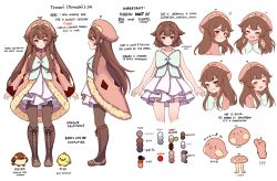 Rule 34 | 1girl, :d, :i, arms at sides, bird, blue bow, blue neckwear, blush, bob cut, boots, bow, bowtie, brown footwear, brown pantyhose, character sheet, chick, closed mouth, coat, color guide, commentary, cross-laced footwear, dress, english commentary, english text, expressions, facing viewer, hair flaps, hat, highres, knee boots, lace-up boots, long hair, long sleeves, looking at viewer, medium hair, multiple views, open mouth, orange eyes, original, pantyhose, pink coat, profile, short dress, simple background, smile, smug, temachii, temachii (character), white background, white dress
